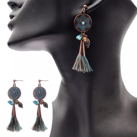 Copper Drop Ethnic Stone Tassel Earrings - Picture 6 of 8
